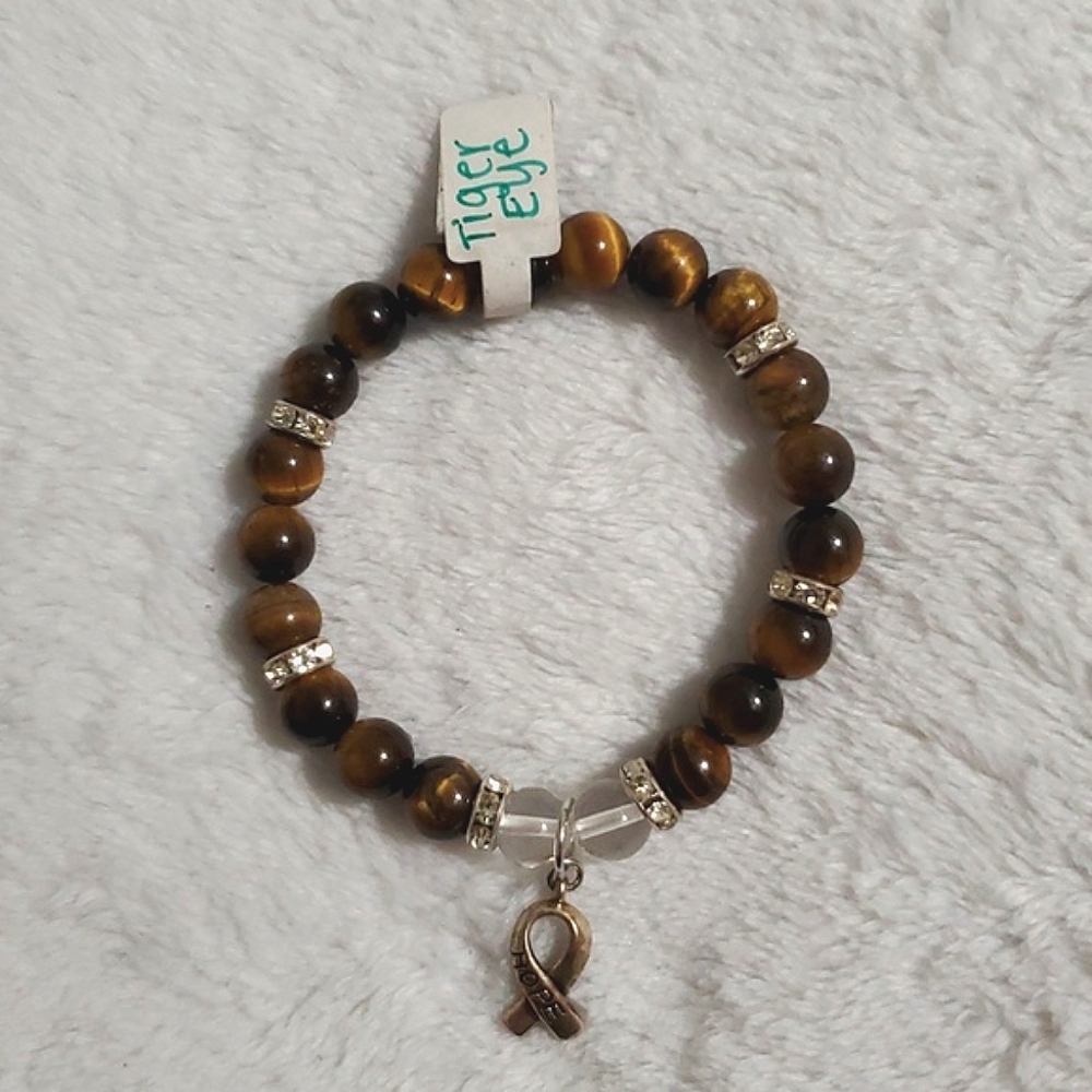 Tiger Eye Beaded Stretch Bracelet with "Hope" Ribbon Charm